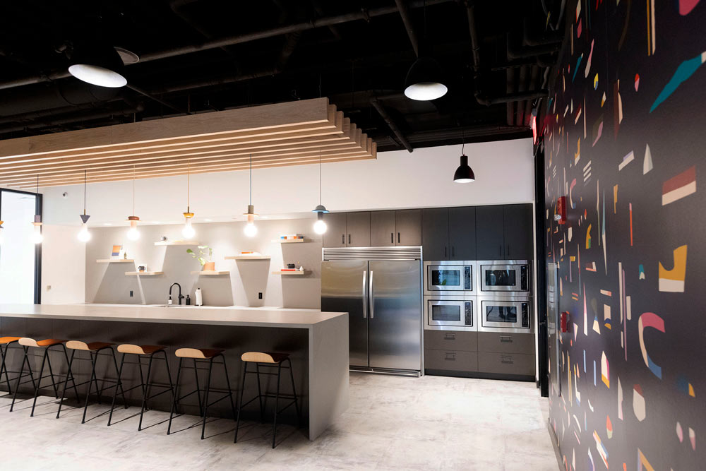 bell works colab kitchen open modern office design construction