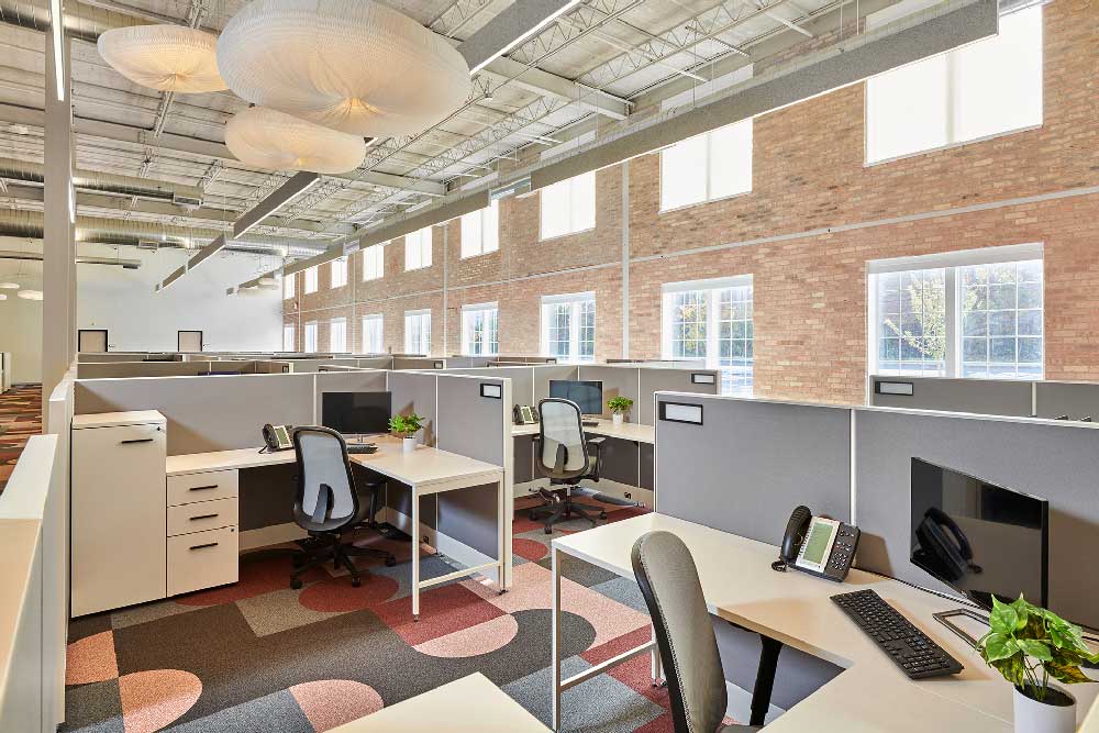 villa hq double height open office exposed brick design- build